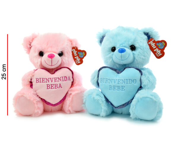 MI3916  OSO ROSA Y CELESTE CON CORAZON BIENVENIDOS 25CM