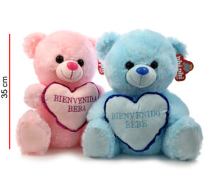 MI3917 - OSO ROSA Y CELESTE CON CORAZON BIENVENIDOS 35CM